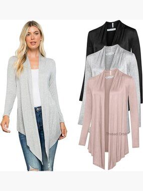 Lightweight Long Sleeve Cardigan Set, Relaxed Fit, Rayon Blend, 3-Pack